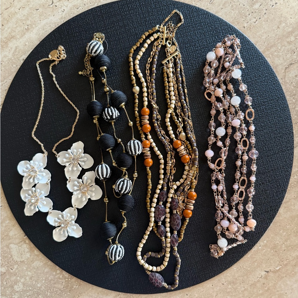 Women’s Multi-Style Beaded and Floral Necklace Set - White, Black, Brown, Pink